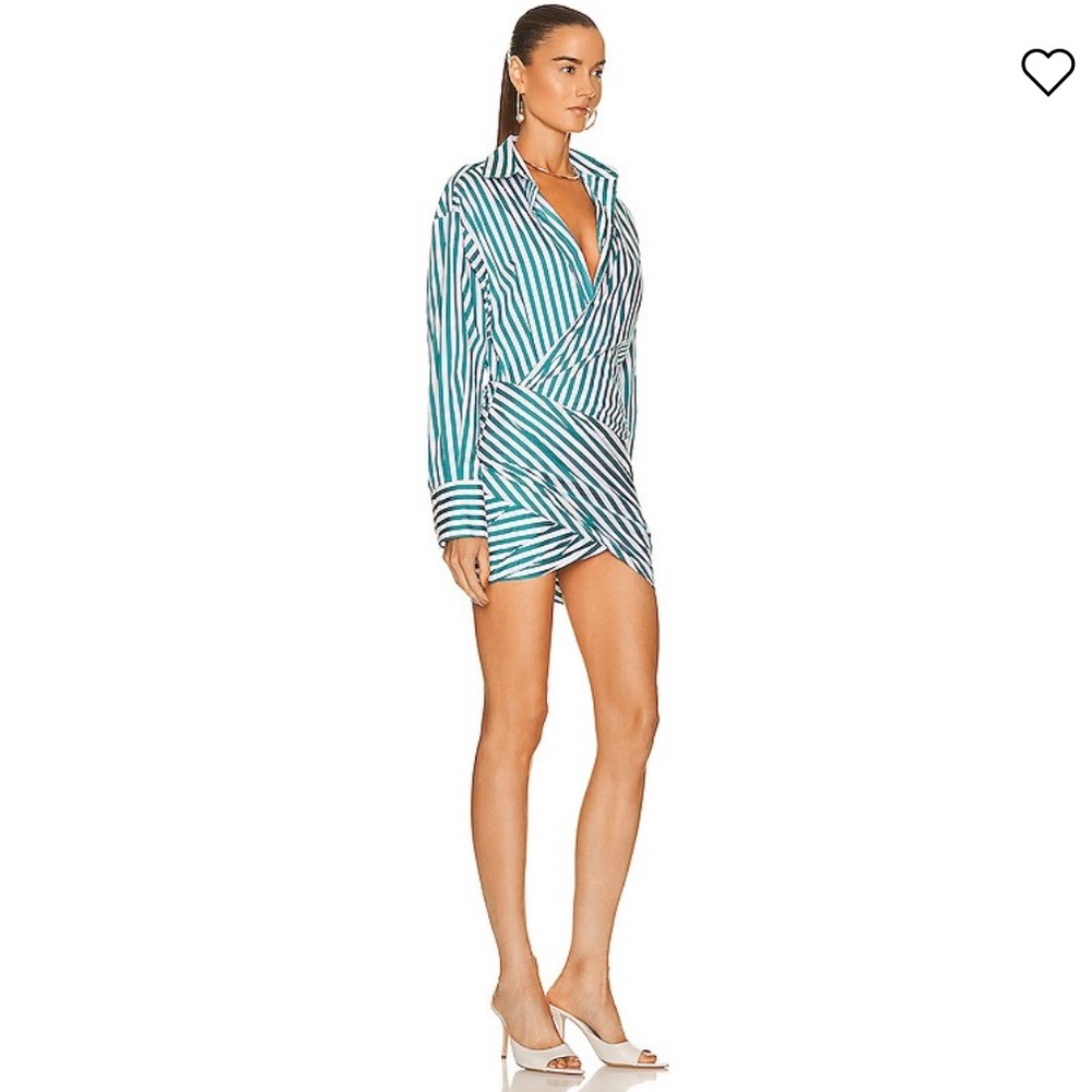 Monse Striped Wrapped Mini Shirtdress - Sea Green White - Picture 2 of 4